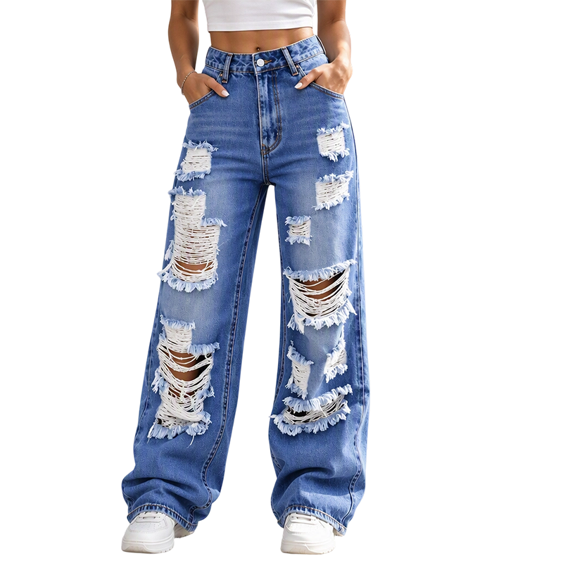 Jean large déchiré pour femme, pantalon en denim taille haute usé