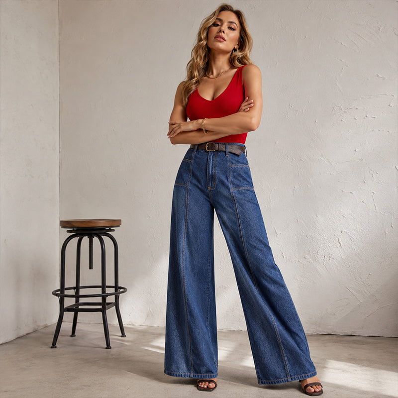 Jean décontracté taille haute à jambes larges pour femme