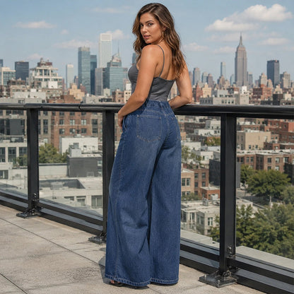 Jean décontracté taille haute à jambes larges pour femme