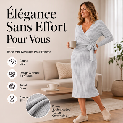Robe élégante pour femme en maille côtelée, col V et nouée à la taille