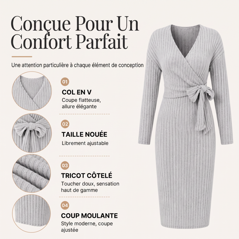 Robe élégante pour femme en maille côtelée, col V et nouée à la taille