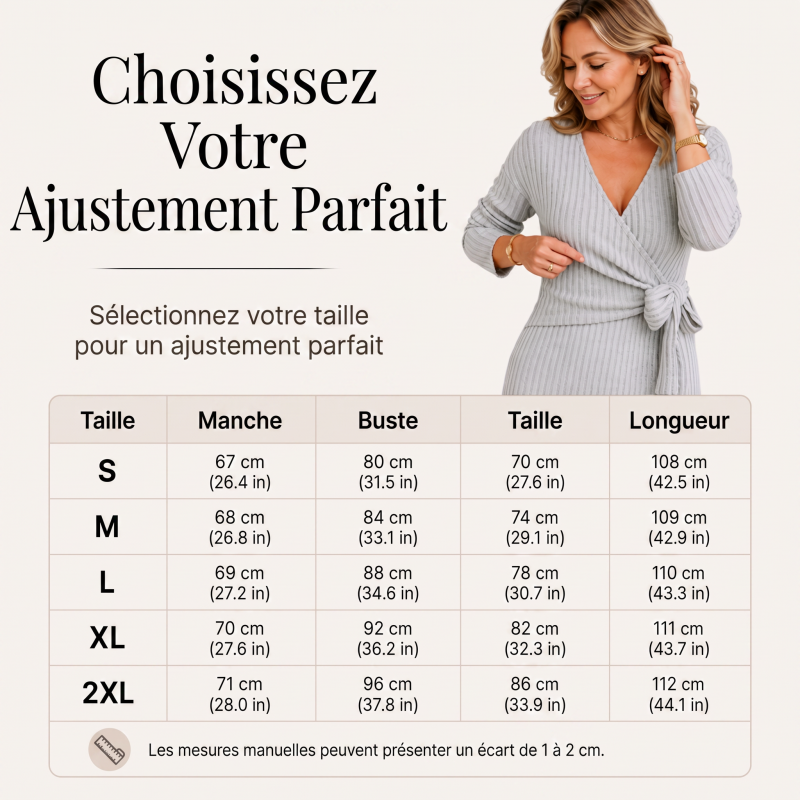 Robe élégante pour femme en maille côtelée, col V et nouée à la taille