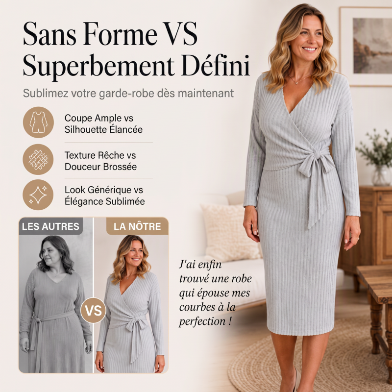 Robe élégante pour femme en maille côtelée, col V et nouée à la taille
