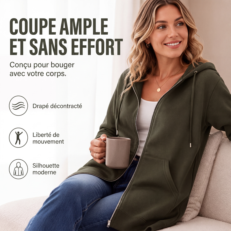 Veste sweat à capuche mi-longue pour femme, cardigan décontracté zippé avec poches