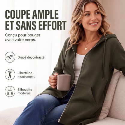 Veste sweat à capuche mi-longue pour femme, cardigan décontracté zippé avec poches