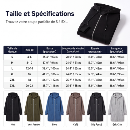 Veste sweat à capuche mi-longue pour femme, cardigan décontracté zippé avec poches