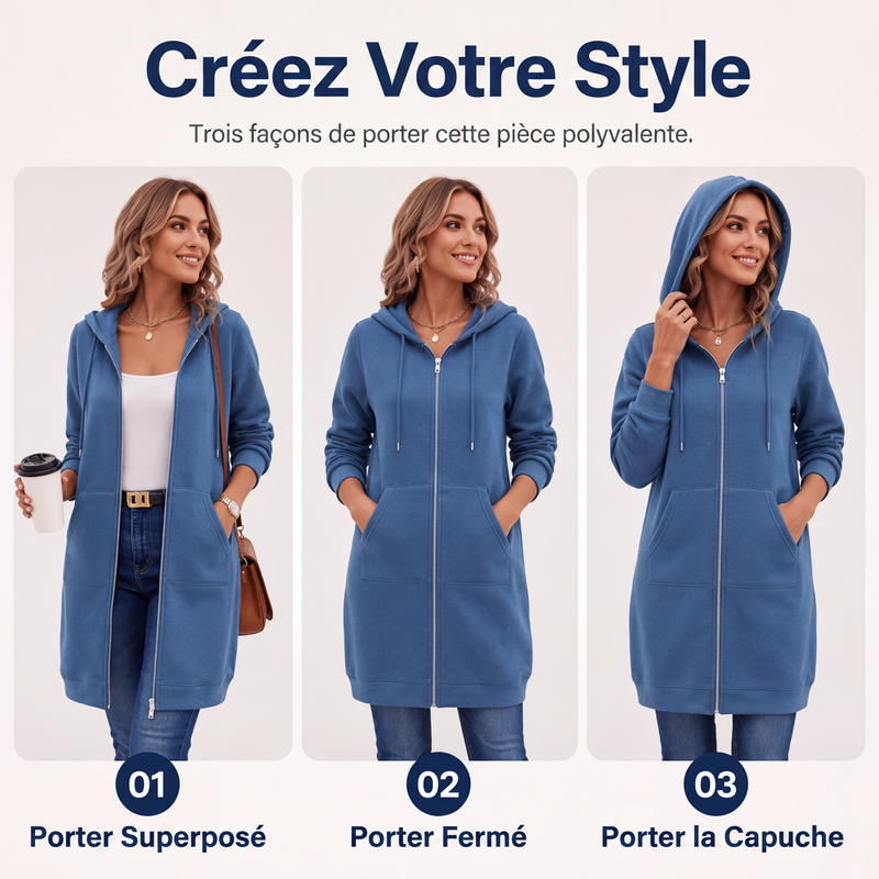 Veste sweat à capuche mi-longue pour femme, cardigan décontracté zippé avec poches
