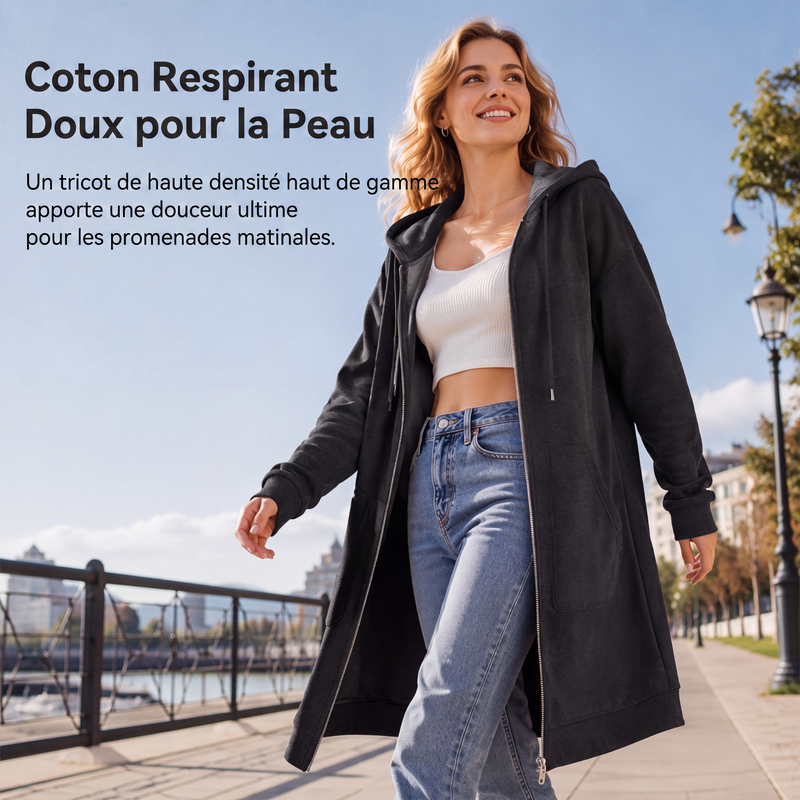 Veste sweat à capuche mi-longue pour femme, cardigan décontracté zippé avec poches