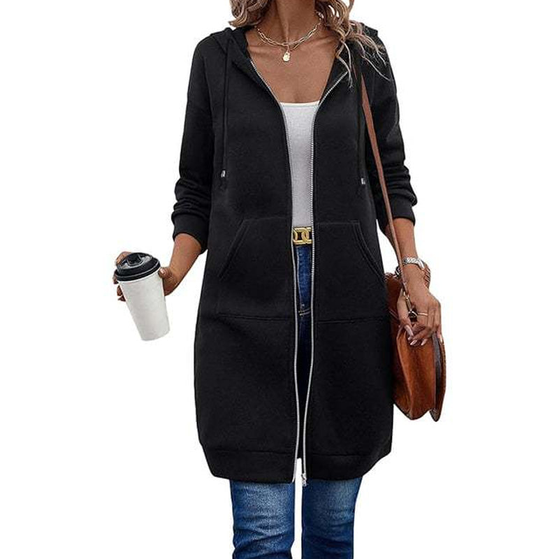 Veste sweat à capuche mi-longue pour femme, cardigan décontracté zippé avec poches