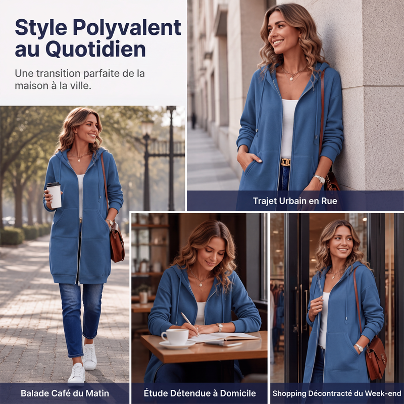 Veste sweat à capuche mi-longue pour femme, cardigan décontracté zippé avec poches