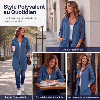 Veste sweat à capuche mi-longue pour femme, cardigan décontracté zippé avec poches