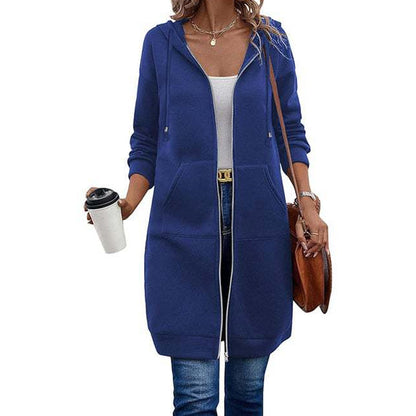 Veste sweat à capuche mi-longue pour femme, cardigan décontracté zippé avec poches