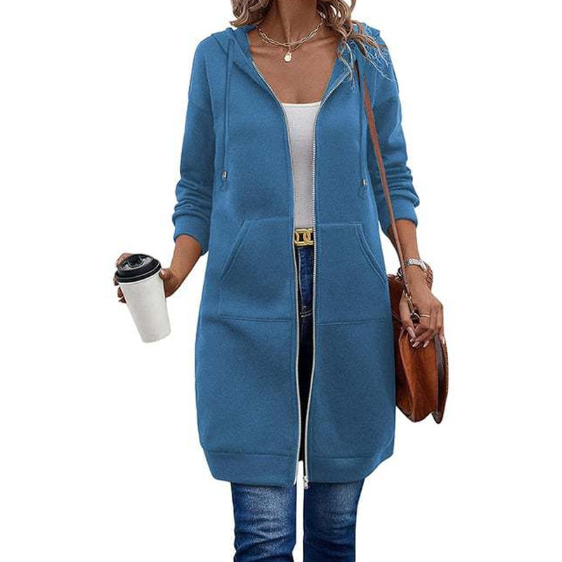 Veste sweat à capuche mi-longue pour femme, cardigan décontracté zippé avec poches