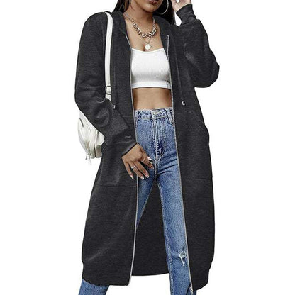Veste sweat à capuche mi-longue pour femme, cardigan décontracté zippé avec poches