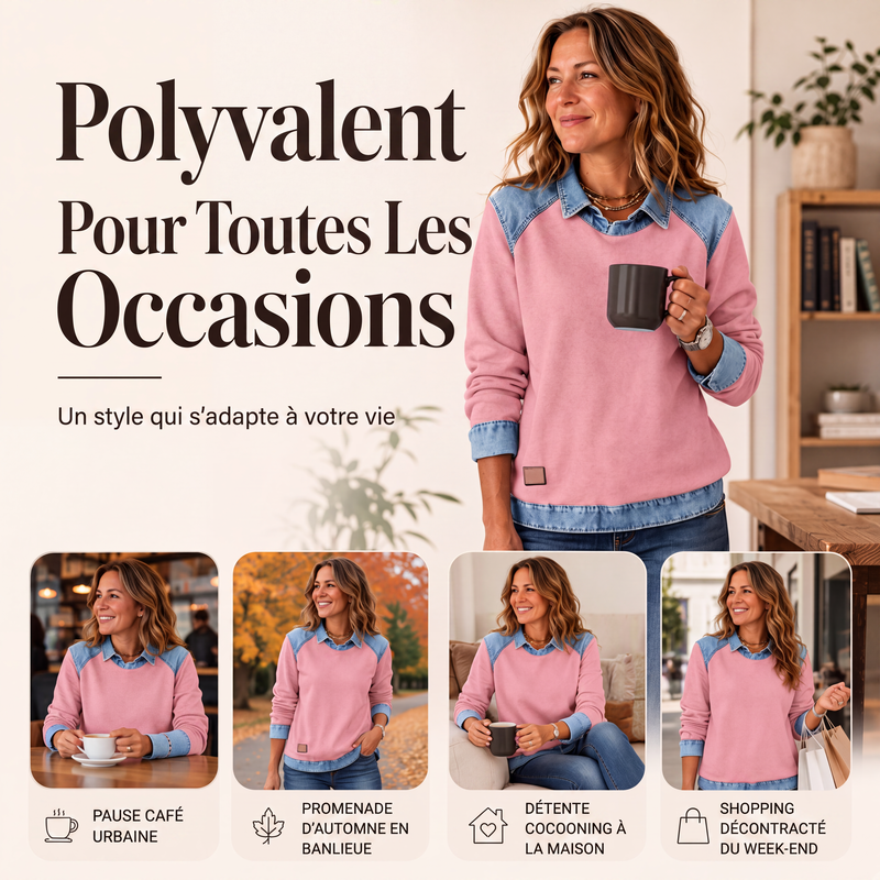 Sweat à manches longues pour femme en jean patchwork