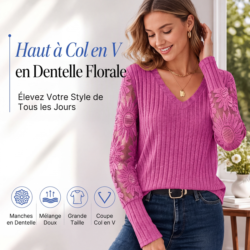Haut à manches longues pour femme en maille côtelée brossée avec patchwork de dentelle