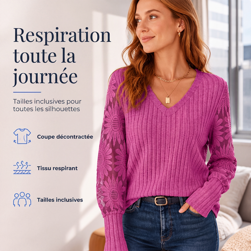 Haut à manches longues pour femme en maille côtelée brossée avec patchwork de dentelle