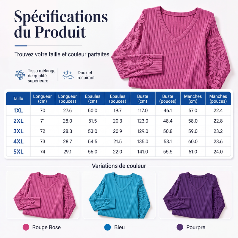 Haut à manches longues pour femme en maille côtelée brossée avec patchwork de dentelle