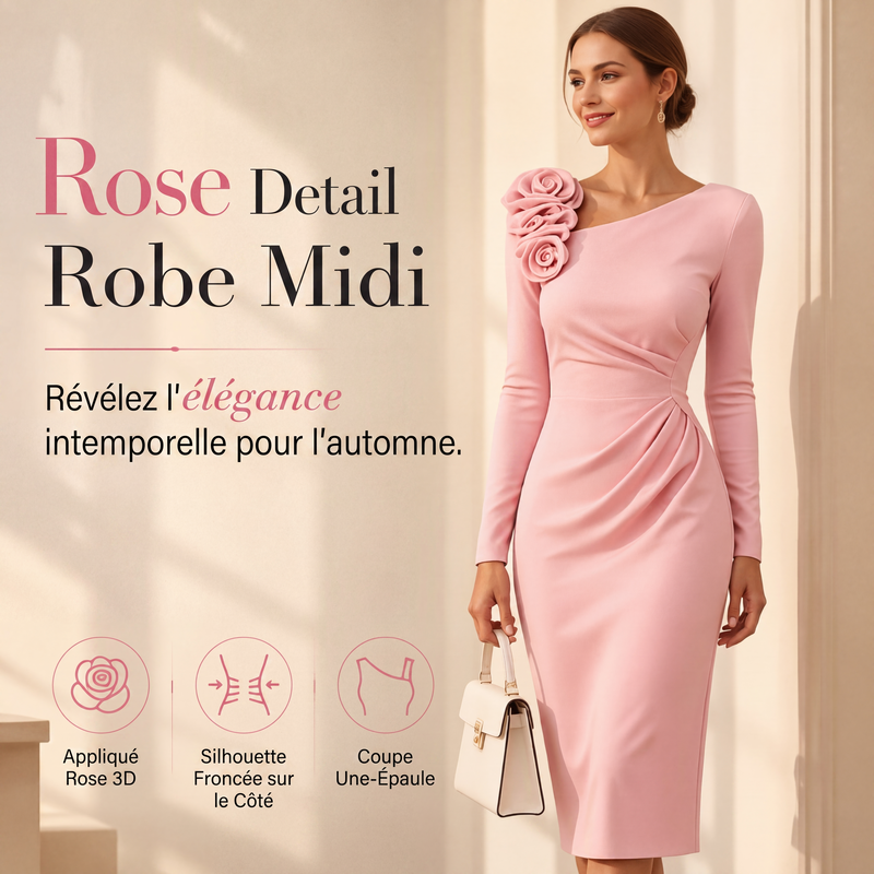 Robe midi froncée pour femme avec détails de rose 3D