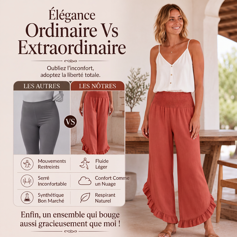 Pantalon taille haute en coton et lin pour femme