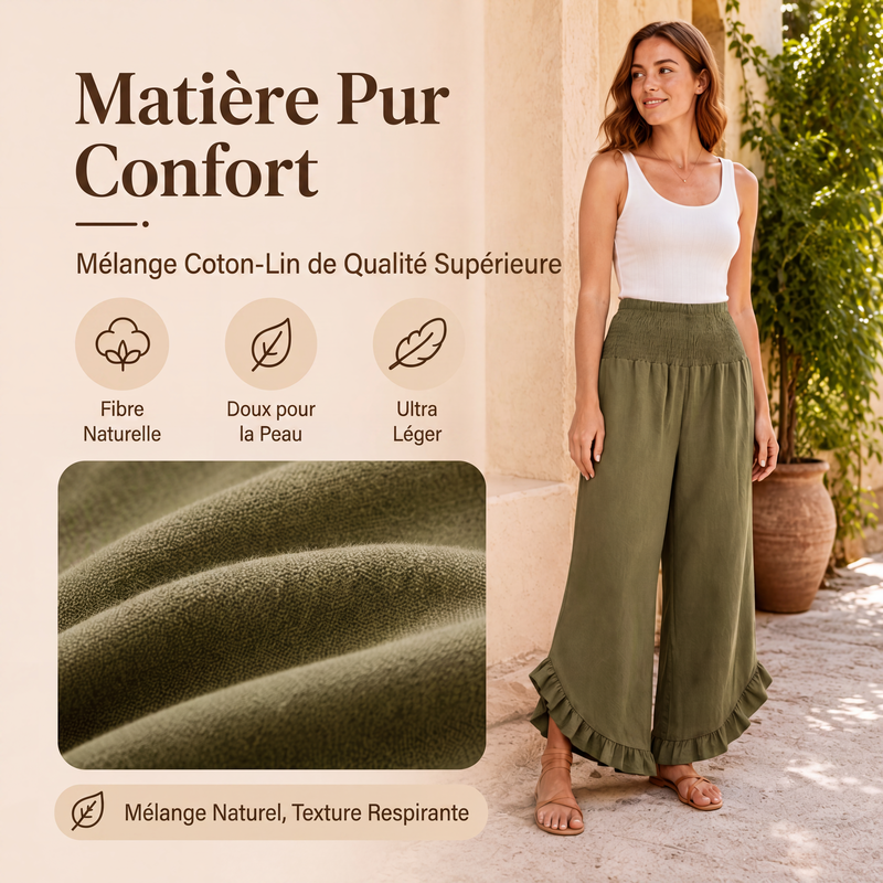 Pantalon taille haute en coton et lin pour femme