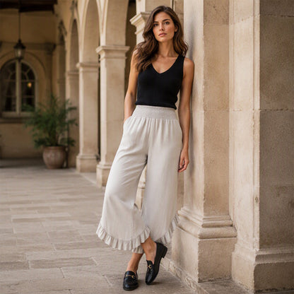 Pantalon taille haute en coton et lin pour femme