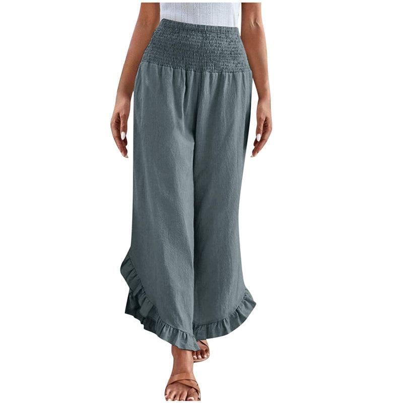 Pantalon taille haute en coton et lin pour femme
