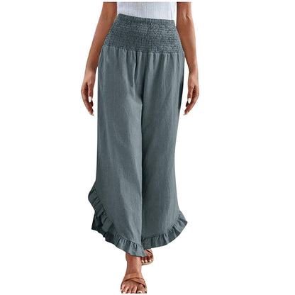 Pantalon taille haute en coton et lin pour femme