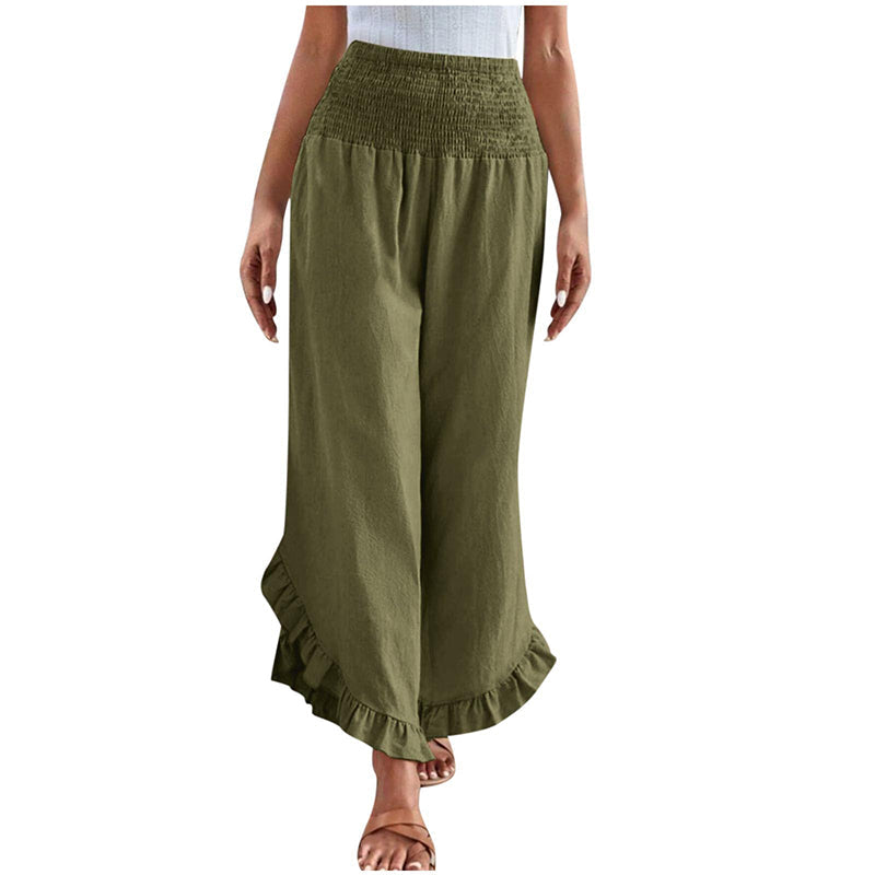 Pantalon taille haute en coton et lin pour femme