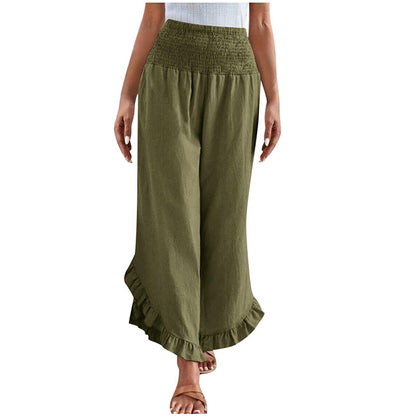 Pantalon taille haute en coton et lin pour femme