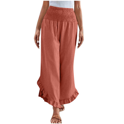 Pantalon taille haute en coton et lin pour femme