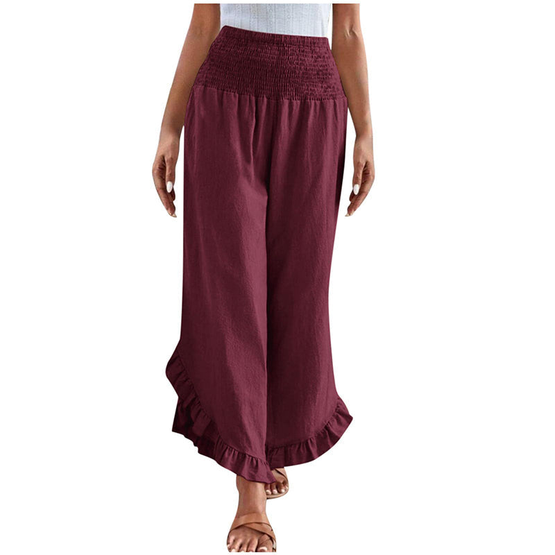 Pantalon taille haute en coton et lin pour femme