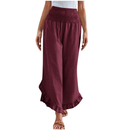 Pantalon taille haute en coton et lin pour femme