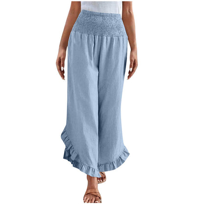 Pantalon taille haute en coton et lin pour femme