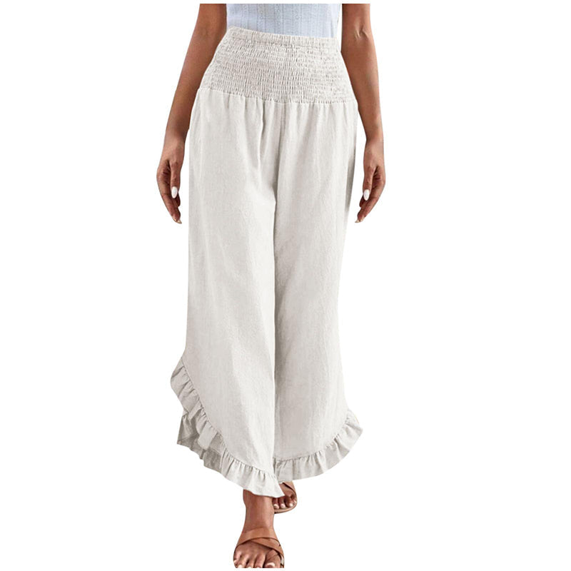 Pantalon taille haute en coton et lin pour femme