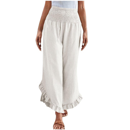 Pantalon taille haute en coton et lin pour femme