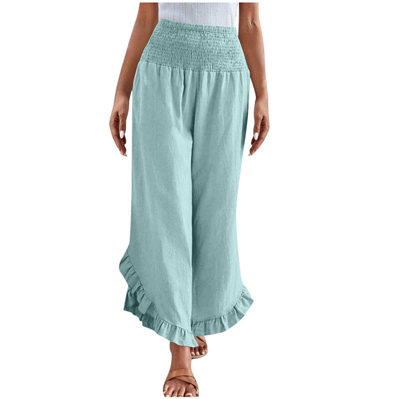 Pantalon taille haute en coton et lin pour femme