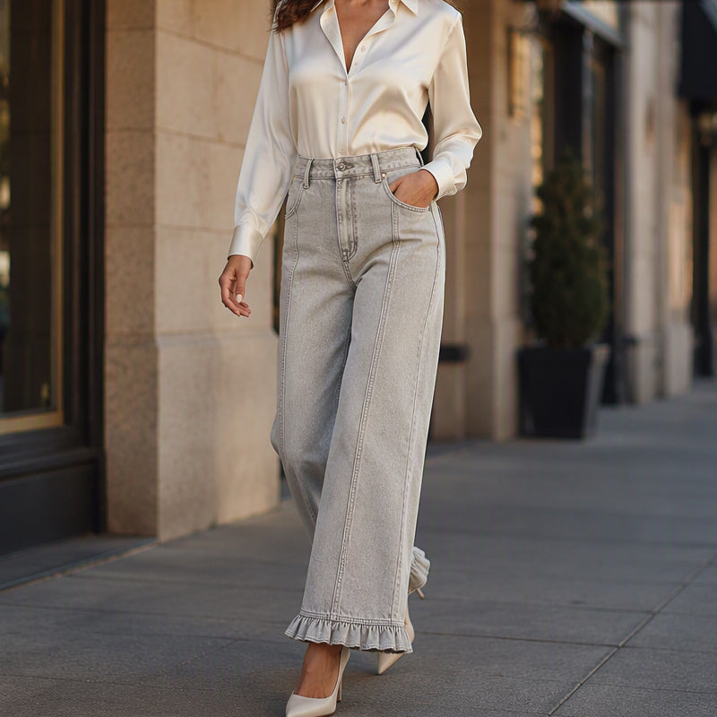Jeans en denim à ourlet à volants pour femme