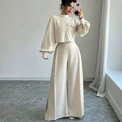 Ensemble haut court décontracté et pantalon à jambes larges pour femme