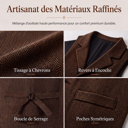 Gilet en tweed à chevrons avec col revers vintage pour homme