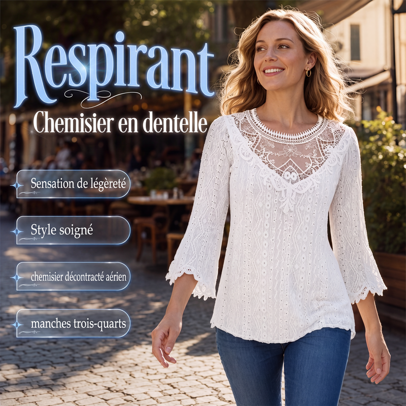 Blouse décontractée pour femme à manches 3/4 avec patchwork en dentelle ajourée