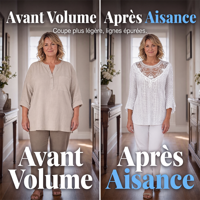 Blouse décontractée pour femme à manches 3/4 avec patchwork en dentelle ajourée