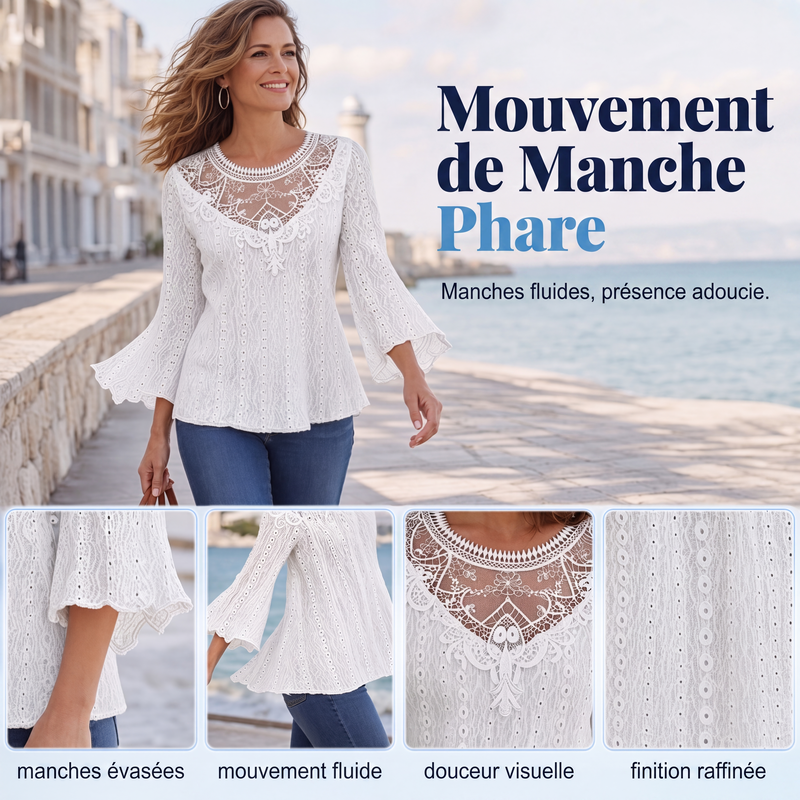 Blouse décontractée pour femme à manches 3/4 avec patchwork en dentelle ajourée