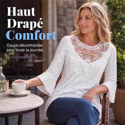 Blouse décontractée pour femme à manches 3/4 avec patchwork en dentelle ajourée