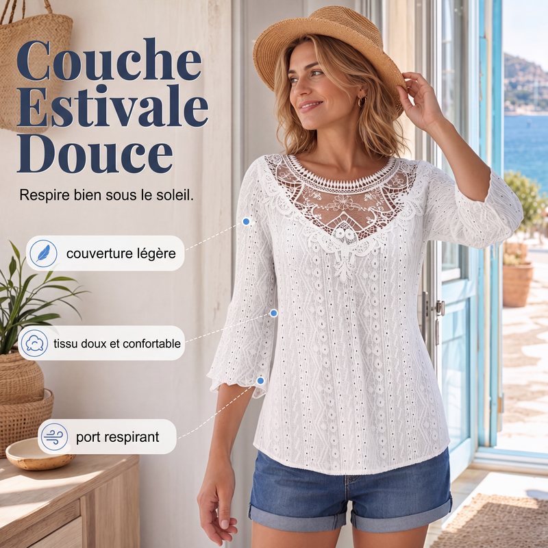 Blouse décontractée pour femme à manches 3/4 avec patchwork en dentelle ajourée