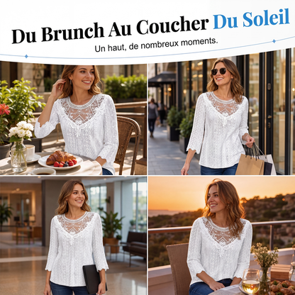 Blouse décontractée pour femme à manches 3/4 avec patchwork en dentelle ajourée