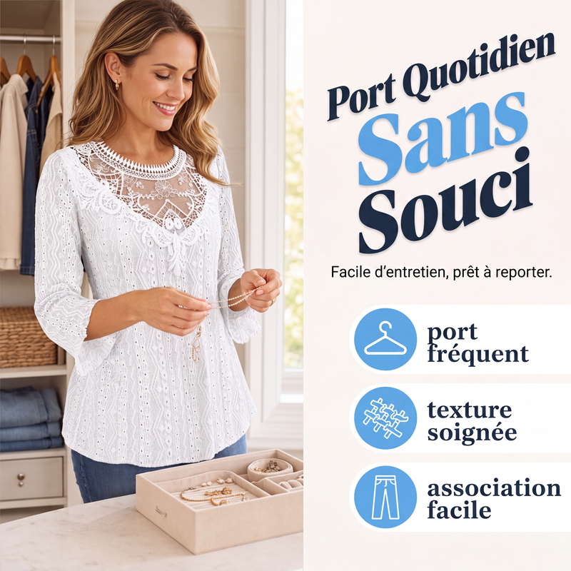 Blouse décontractée pour femme à manches 3/4 avec patchwork en dentelle ajourée