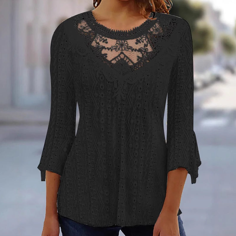 Blouse décontractée pour femme à manches 3/4 avec patchwork en dentelle ajourée
