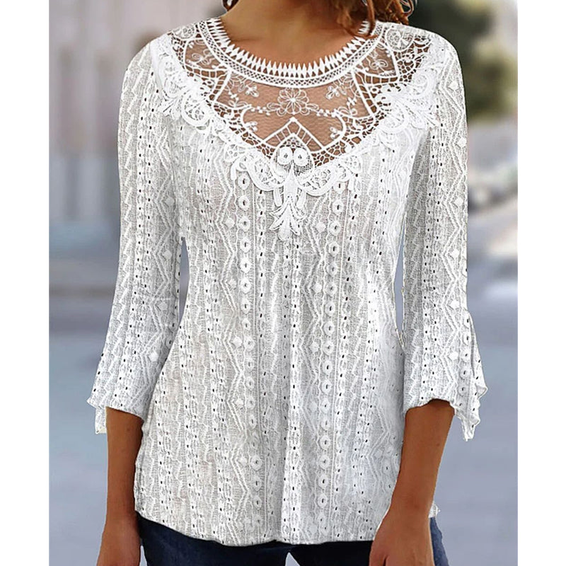 Blouse décontractée pour femme à manches 3/4 avec patchwork en dentelle ajourée