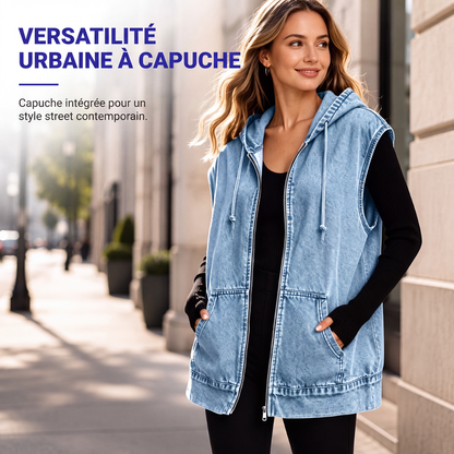 Veste sans manches à capuche en jean décontractée pour femme